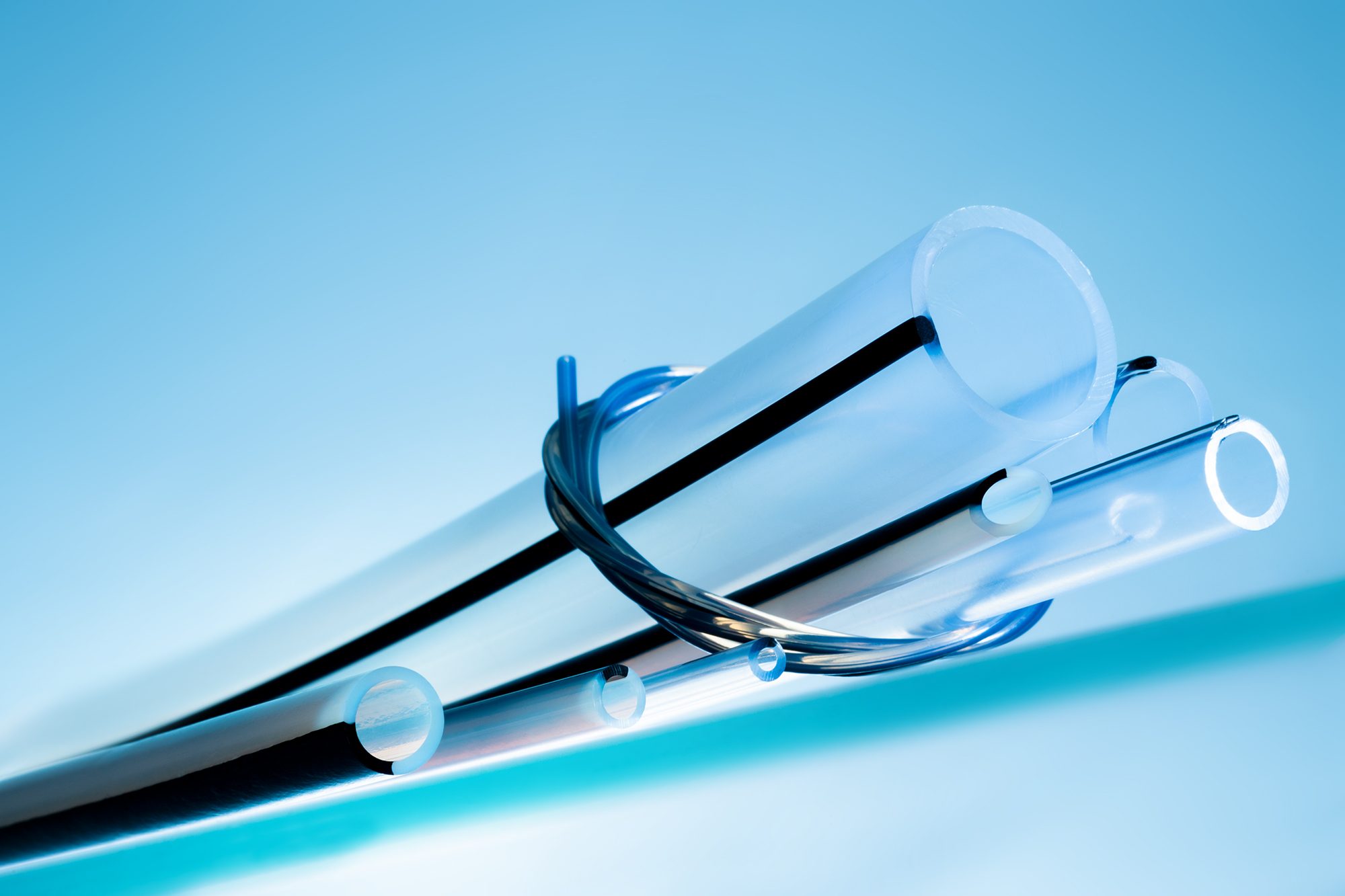 Product image: Various types of PFA high-purity tubing for the production of computer chips. 