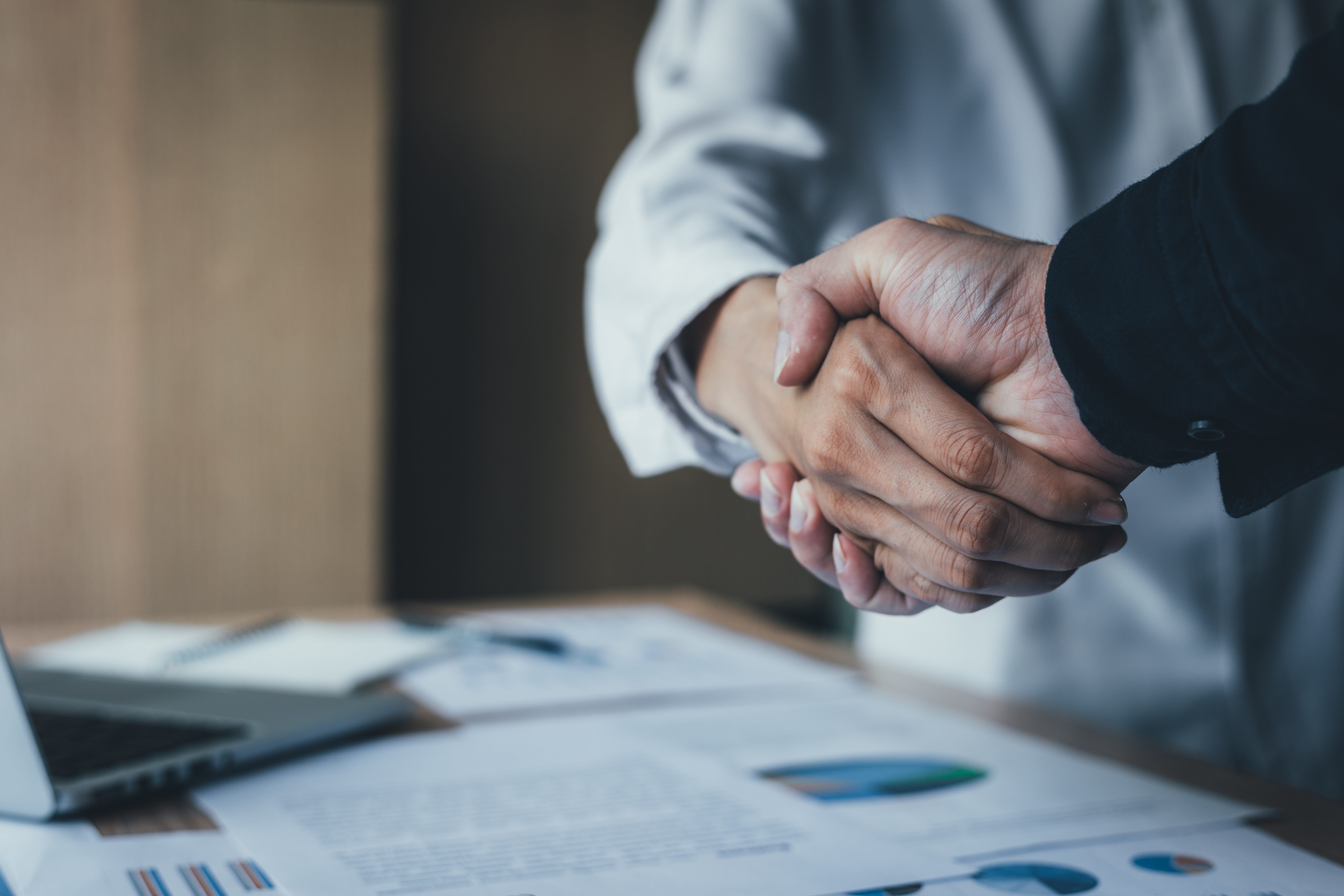 Shaking hands as if greeting or saying goodbye.