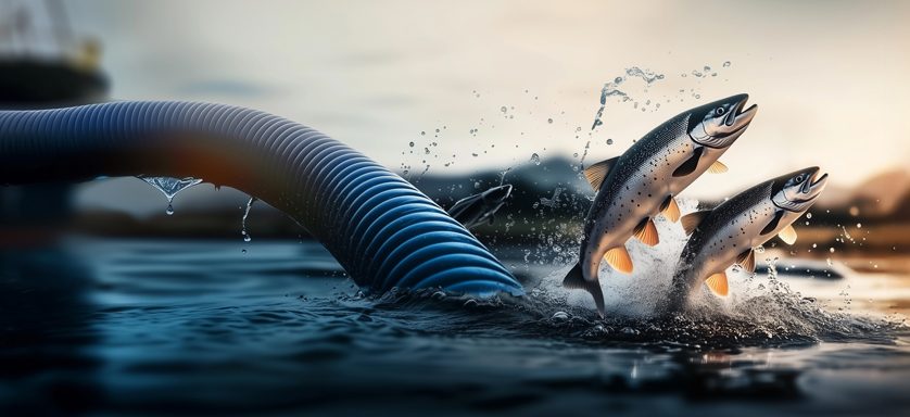 Ein Kunststoff, lebensmittelechter Transportschlauch für die Lebensmittelindustrie, Food, Beverage, Pharma und Fischerei - Master-PUR Fishtec