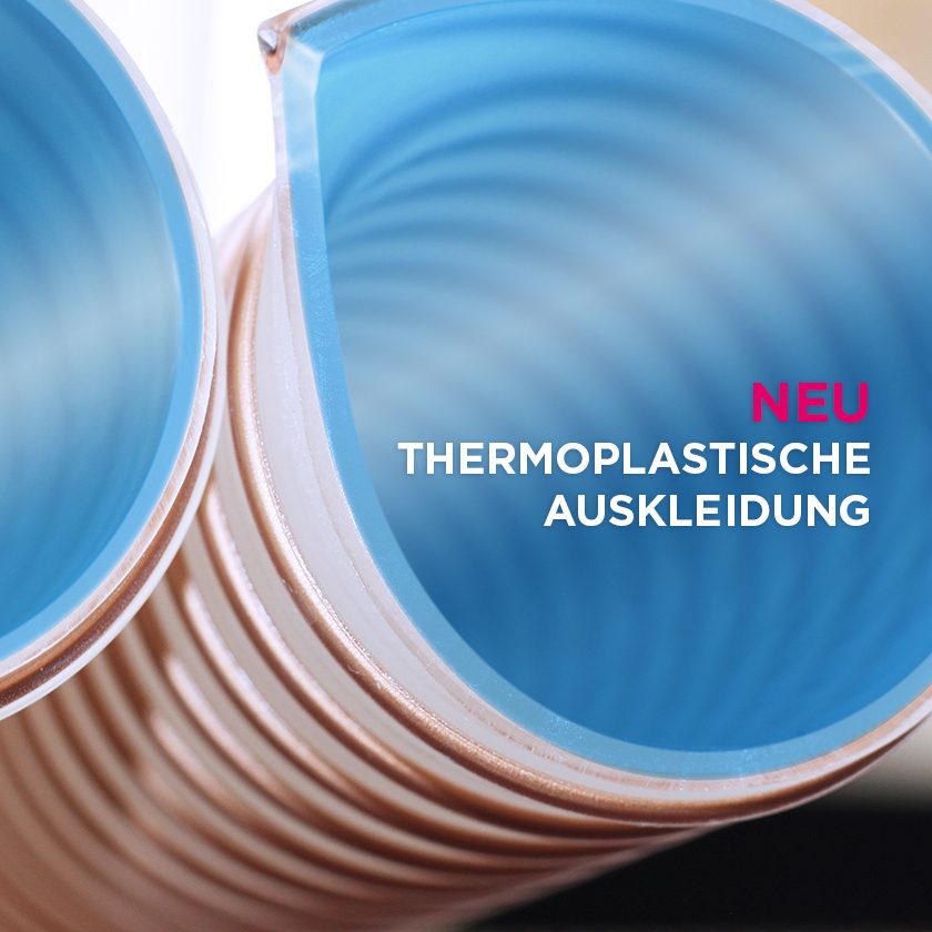 Abbildung eines neuen Schlauchs für industrielle Anwendungen mit einer thermoplastischen Innenschicht (blau markiert)