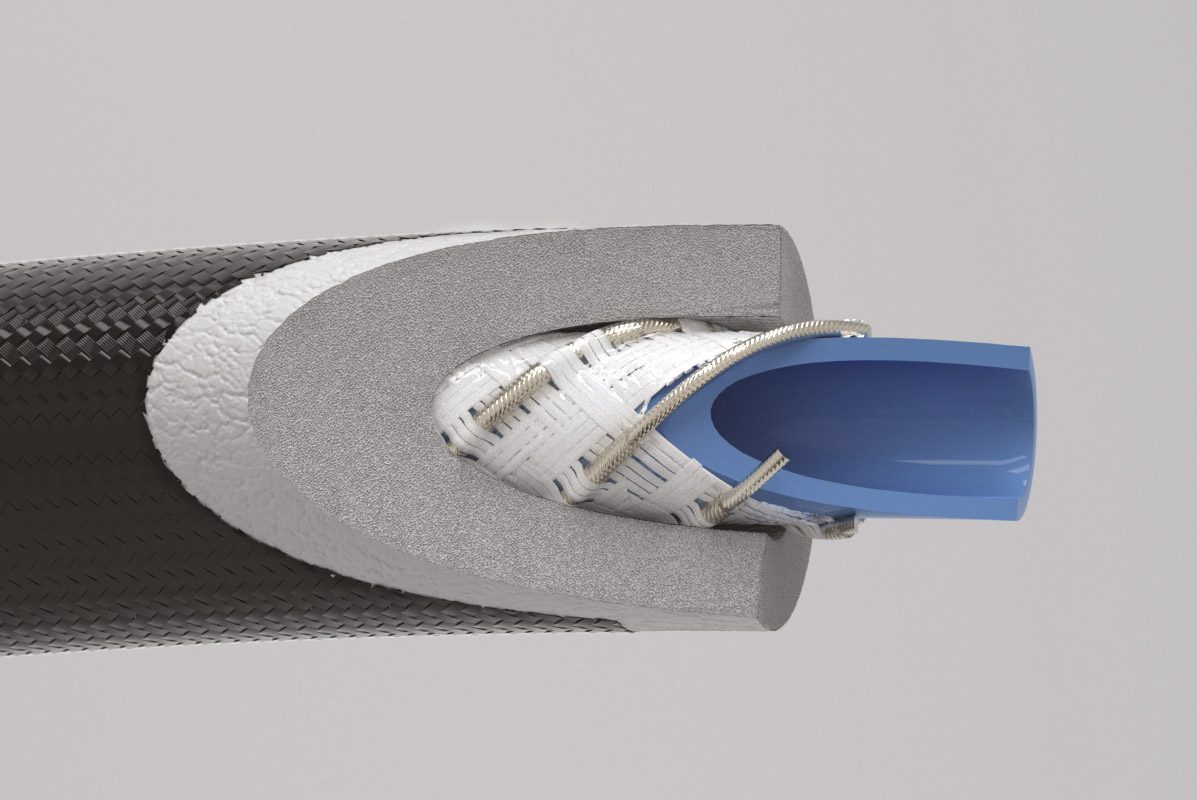 Masterflex Group, Masterflex: Produktabbildung des neu entwickelten templine Heizschlauchs im Querschnitt, mit seinem innenliegenden Medienschlauch, der Heizspirale und der speziellen Umflechtung, für eine gleichmäßige Erwärmung des Fördermediums