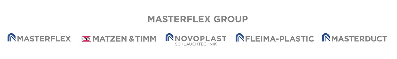 Masterflex Group, Masterflex, Fleima Plastic, Matzen & Timm, Novoplast, Masterduct: Logos aller Unternehmensmarken die unter dem Dach der Masterflex Group einen kompletten Corporate Design Relaunch vollzogen haben und sich nun mit einheitlichem Markenauftritt präsentieren