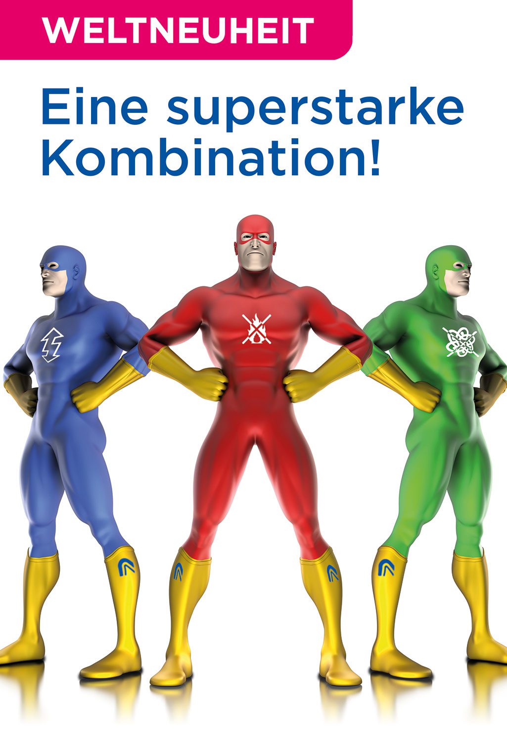 Masterflex Group, Masterflex: Abbildung der 3 Superhelden die als Kampagnenmotiv für die Neueinführung des Master-PUR Trivolution dienen und die 3 Haupteigenschaften der Schlauchserie Antistatik, Mikrobenresistenz und Schwerentflammbarkeit symbolisieren