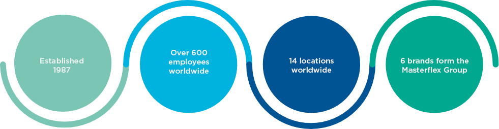 Four circles and a wave below in the group's corporate design with year of foundation, number of employees, location and brands. 