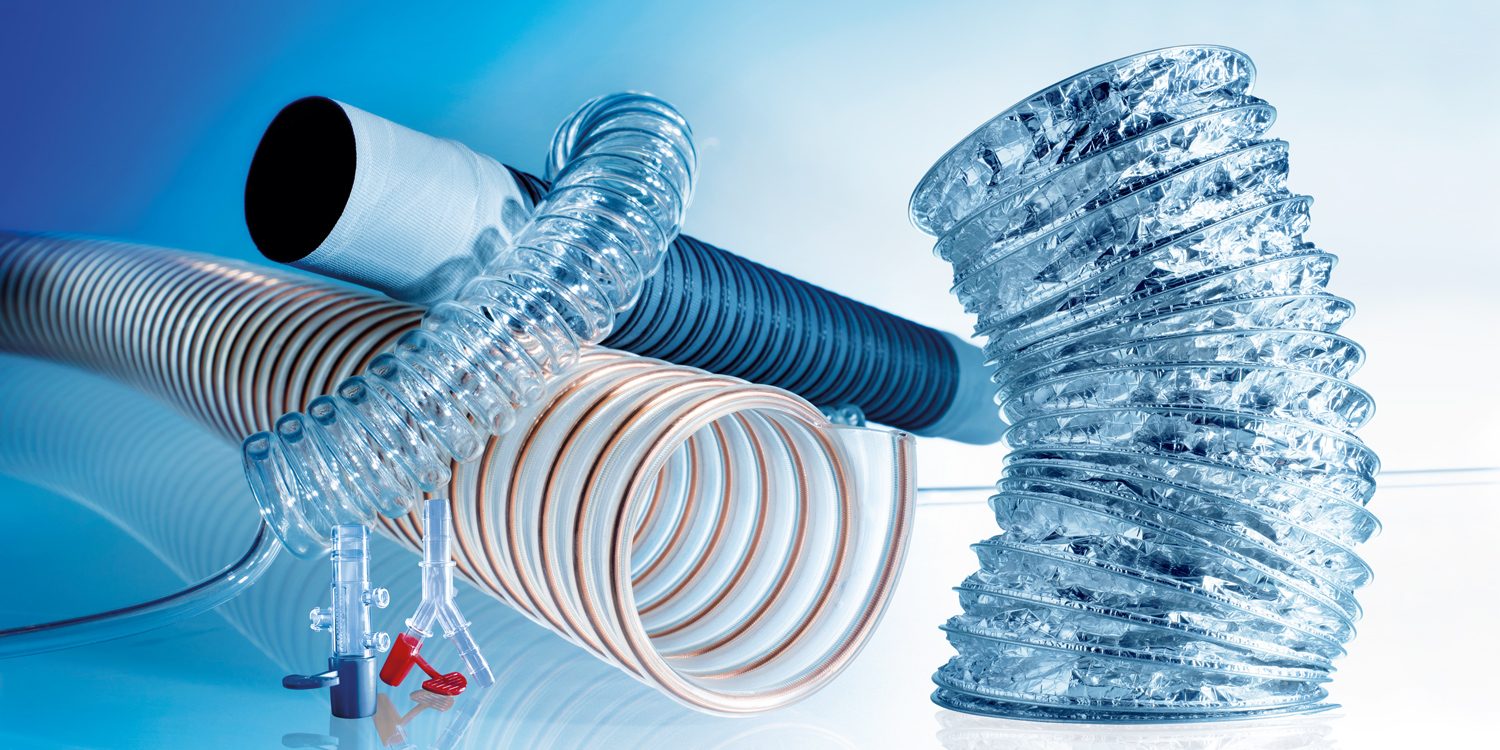 Four different types of hose from the group and two injection moulded parts from Fleima.