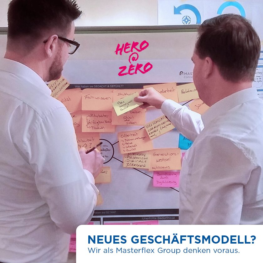 Stimmungsbild: Masterflex Group Mitarbeiter diskutieren am Flipchart zu Anpassungen des Geschäftsmodells