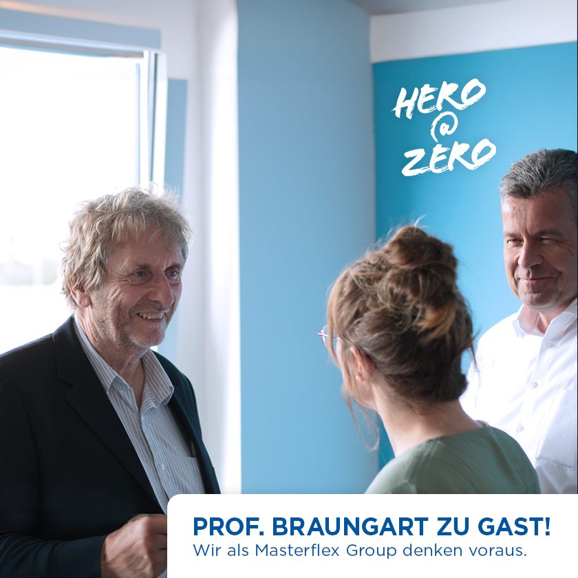 Stimmungsbild: Professor Braungart unterhält sich auf Workshop bei der Masterflex Group