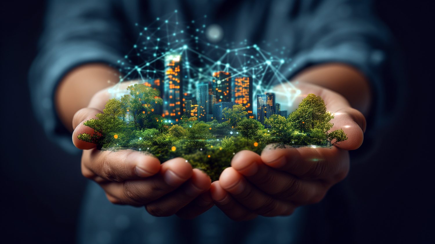 Stimmungsbild: Hände halten eine fiktive Mini-Stadt, Datenströme visualisiert mit leuchtenden Effekten