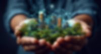 Enduring brand values of the Masterflex Group Mood picture: Hands holding a fictitious mini-city, data streams visualized with glowing effects