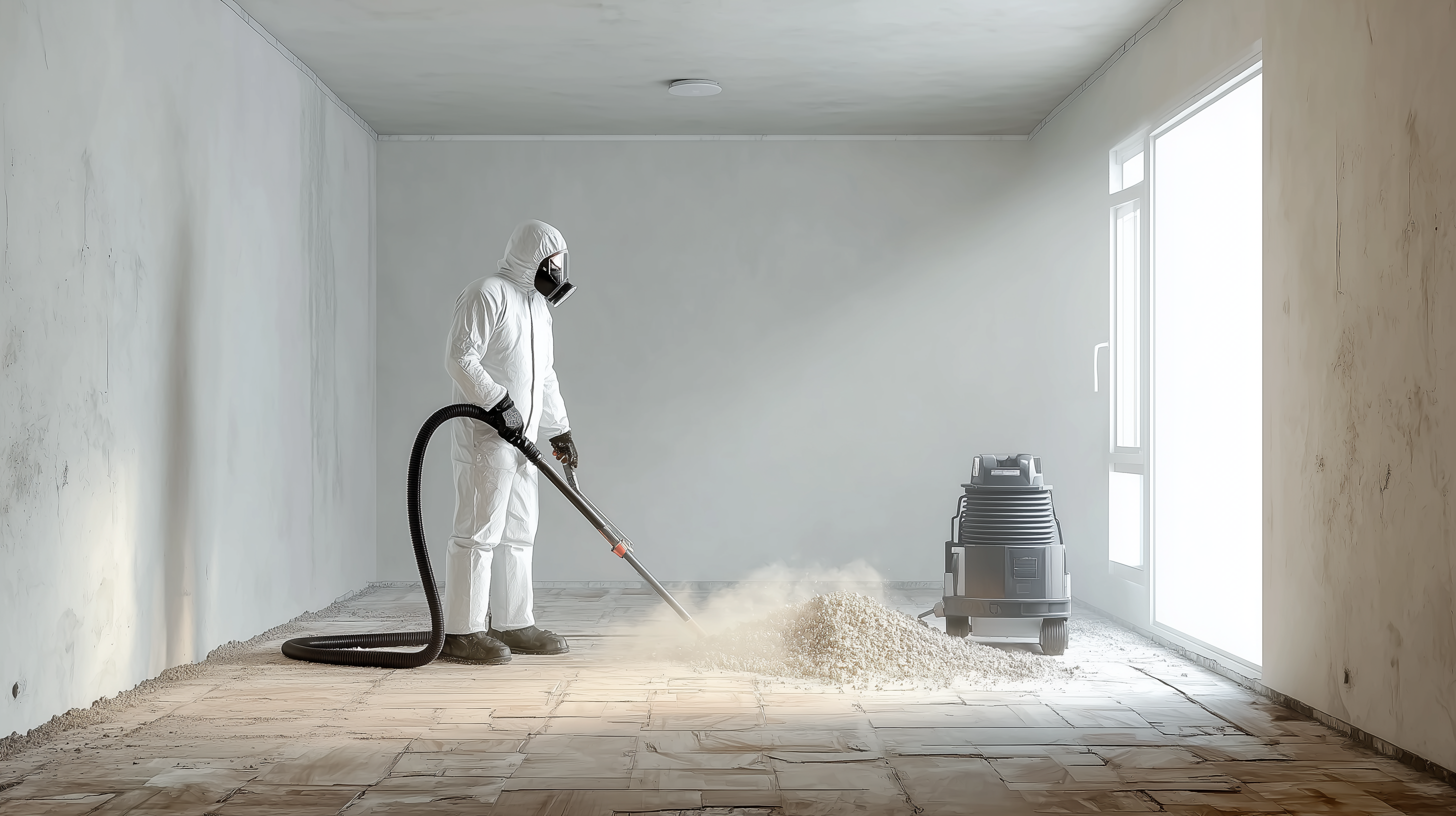 Situation: A worker protected from dust and toxic fumes whilst removing asbestos