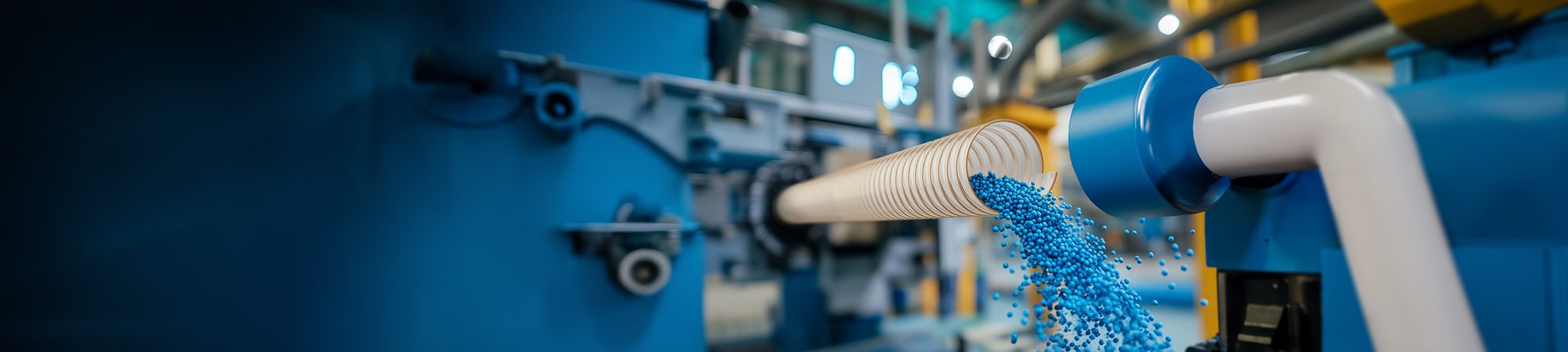 Stimmungsbild: Eine Schlauchleitung ist unterbrochen und Granulat fällt auf den Boden