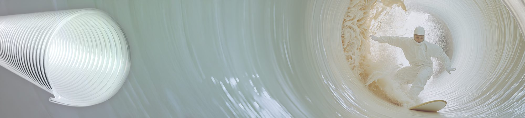 A user from the food & beverage industry surfs through the inside of a Master-PUR DualFlow Food A food-safe hose from manufacturer Masterflex SE in a cleanroom suit. This visual is intended to symbolize the ultra-smooth interior smoothness and the flow in the hose.