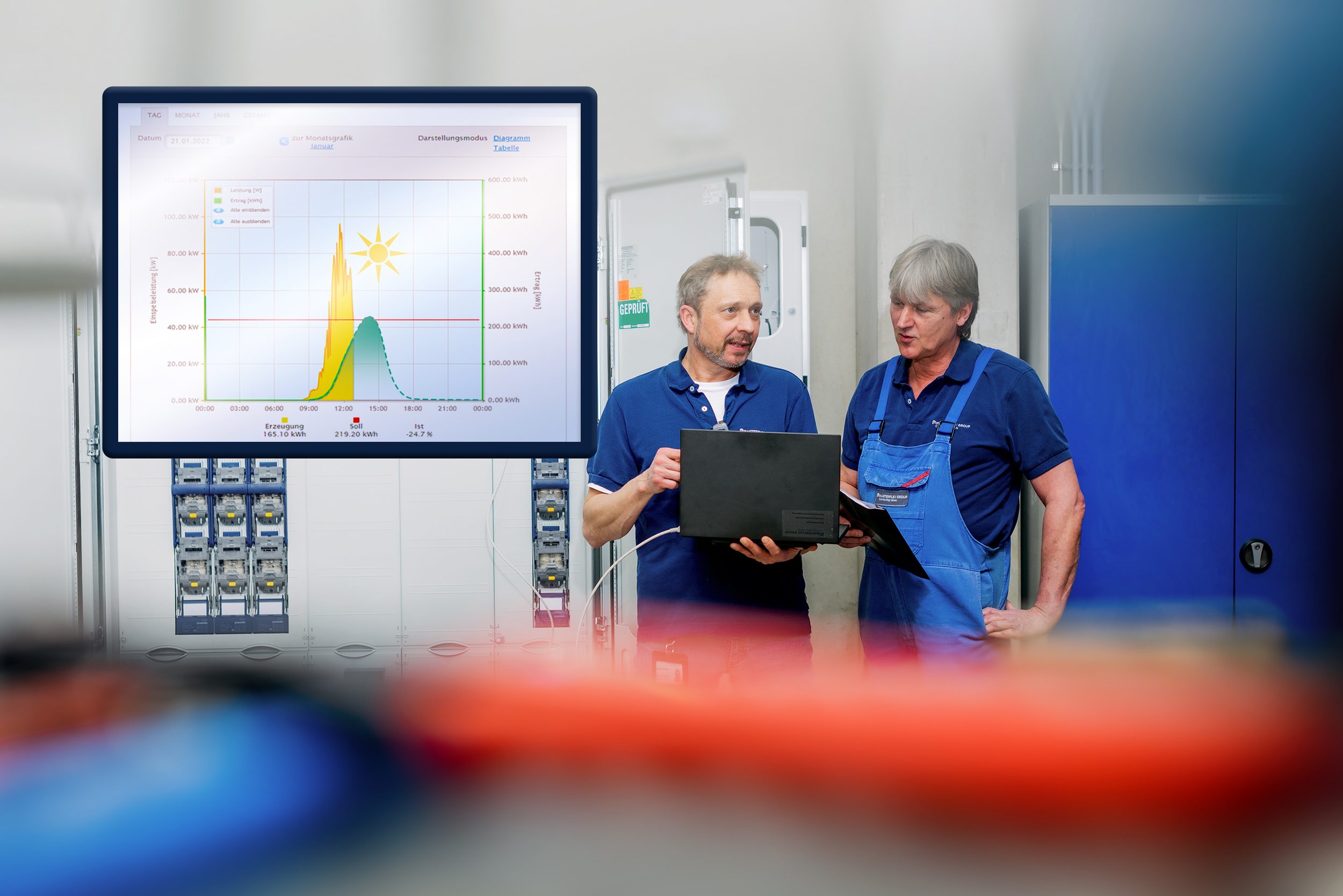 Masterflex produktionshall: anställda diskuterar instrumentpanelen för solenergi